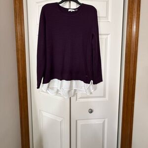 Calvin Klein layered sweater over blouse look. M